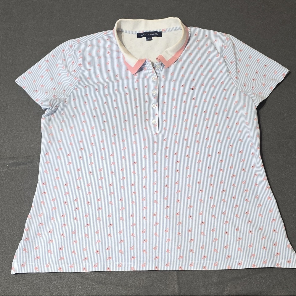 Tommy Hilfiger Women's XL Blue/White Stripe Pink Flamingo Polo Shirt J3BH6950
